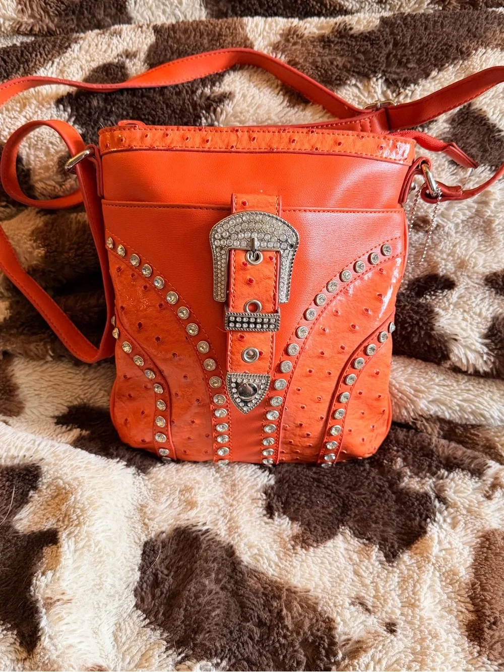 Silverake Orange Y2K Western Rhinestone Buckle Studded Crossbody Purse
